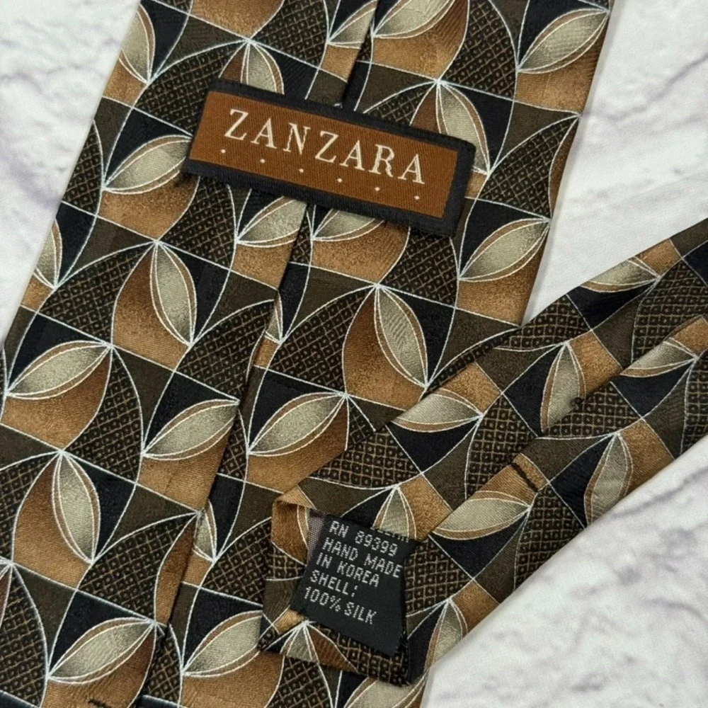 Zanzara‎ Mens Hand Made 100% Silk Tie Brown & Black Geometric
